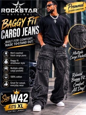 Rockstar Original Washed Black Baggy Cargo Pants - Black